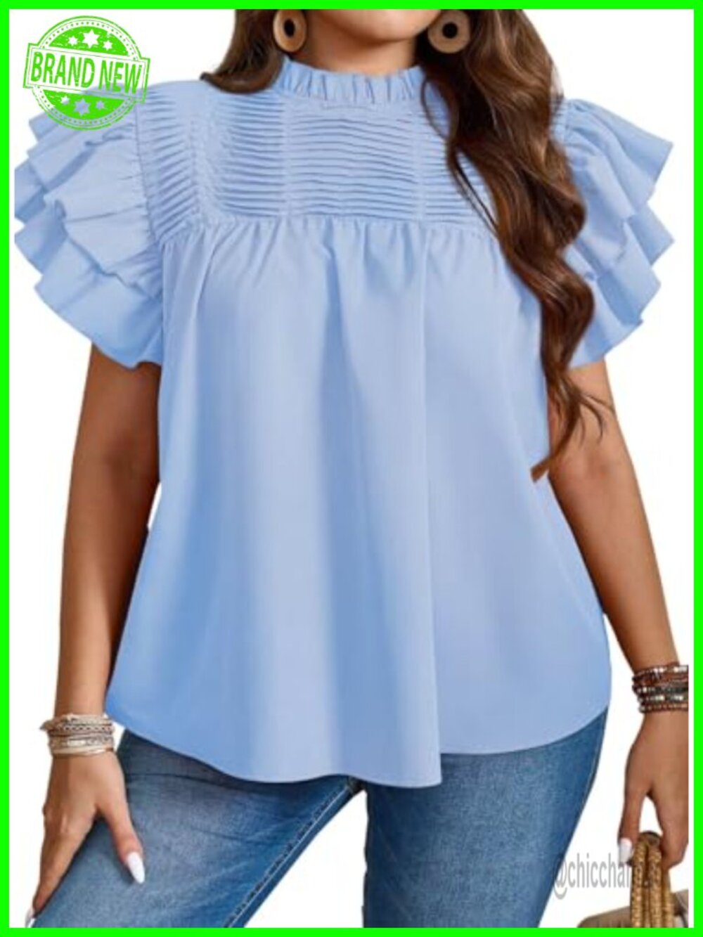 Womens Summer Ruffle Sleeve Mock Neck Pleated Tunic Top Loose Fit